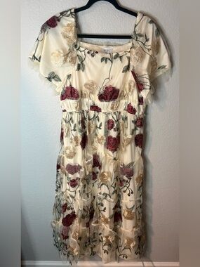 Polagram Cream Midi Dress with Red and Gold Floral Embroidery